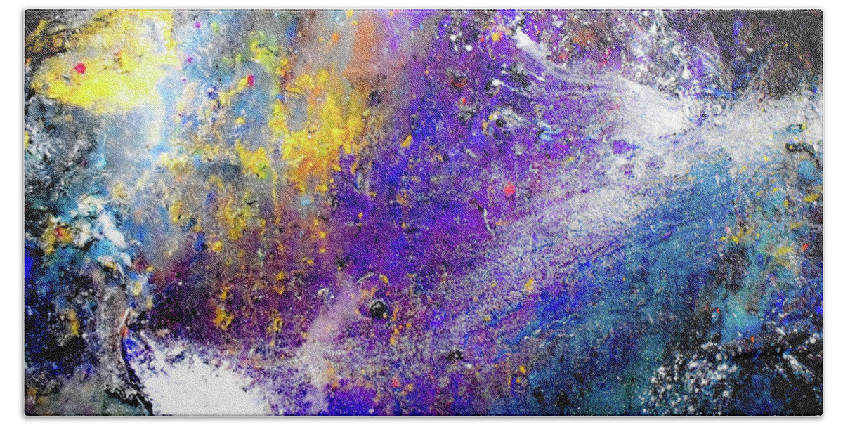 Galaxy Bath Towel featuring the mixed media Galactic Fusion by Patsy Evans - Alchemist Artist