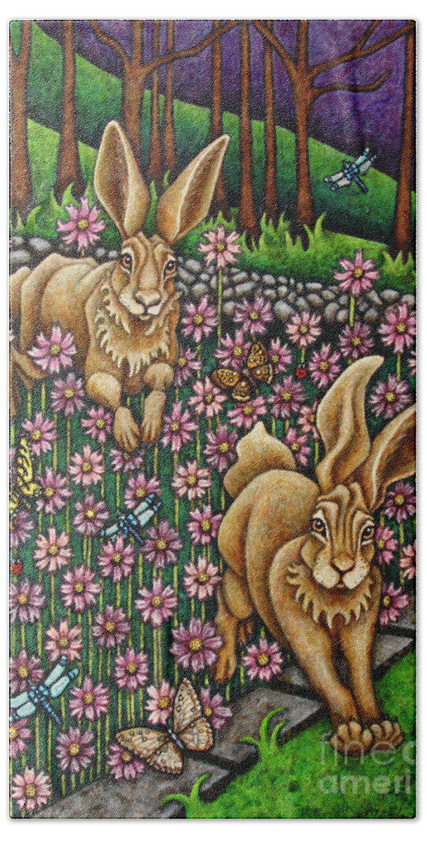 Hare Bath Towel featuring the painting Garden Frolic by Amy E Fraser