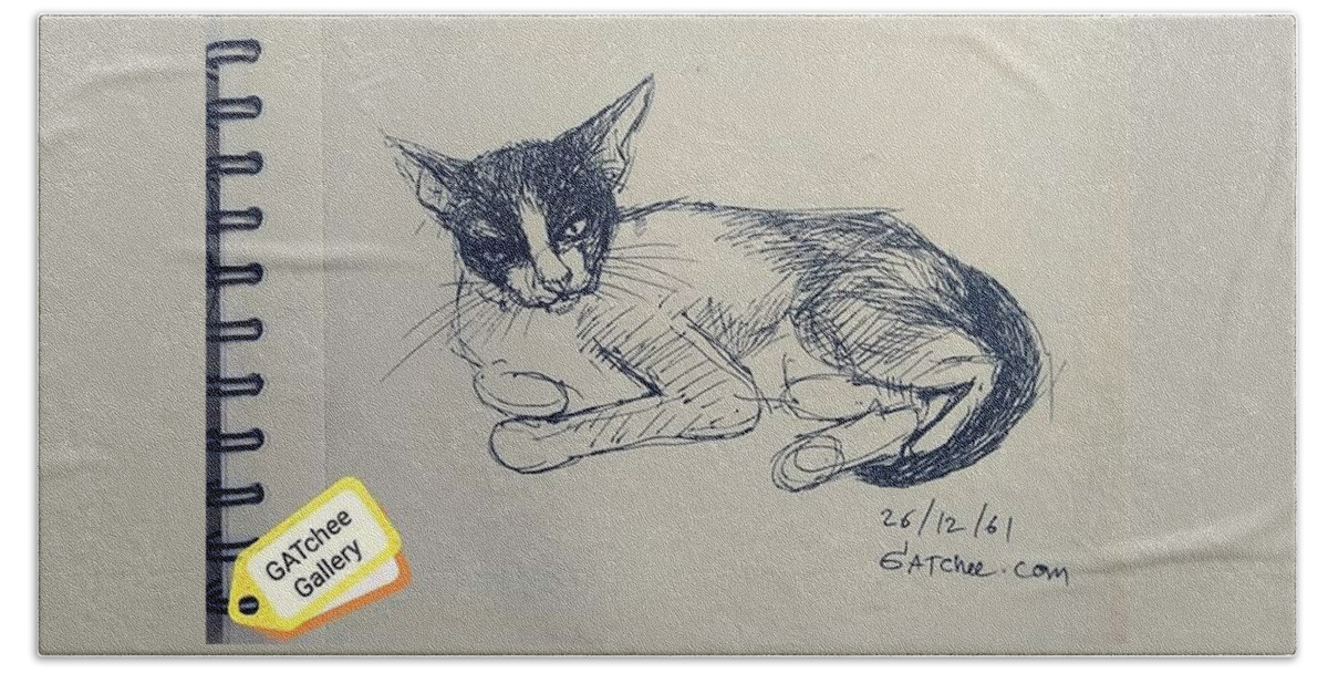 Cat Bath Towel featuring the drawing Angry GATchee by Sukalya Chearanantana
