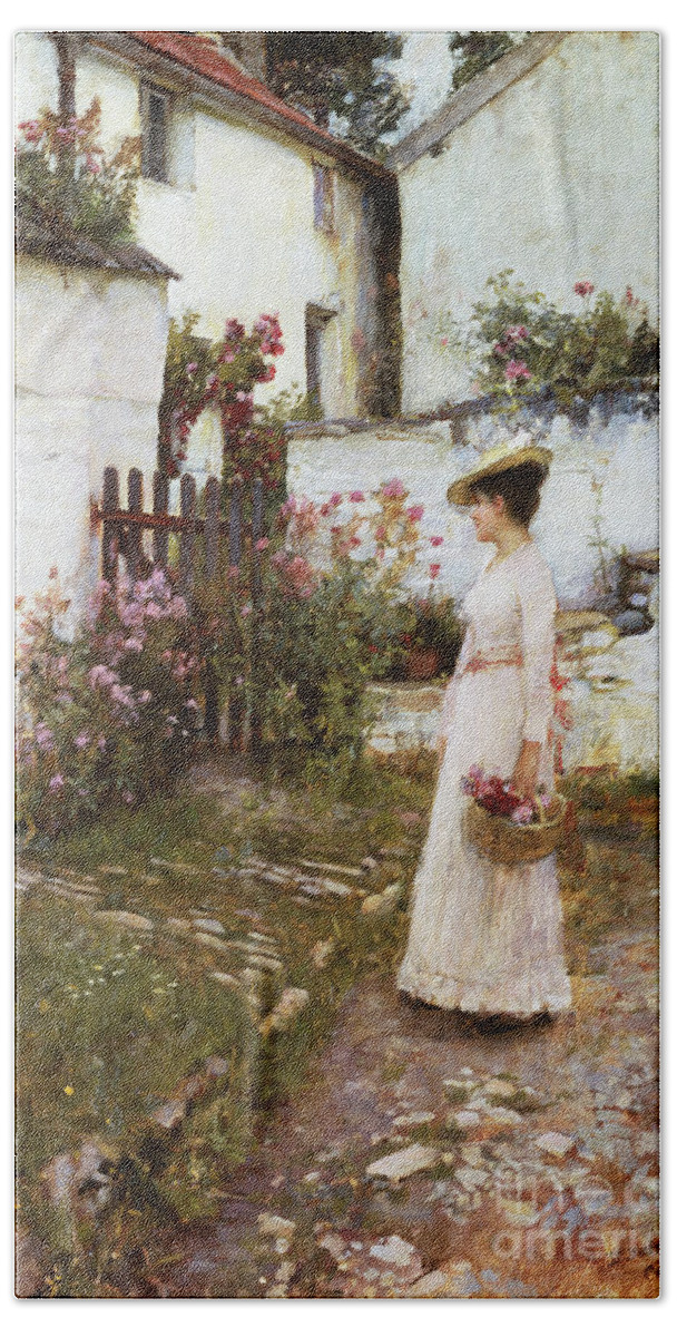 19th Century Bath Towel featuring the painting Gathering Summer Flowers In A Devonshire Garden, 1893 by John William Waterhouse