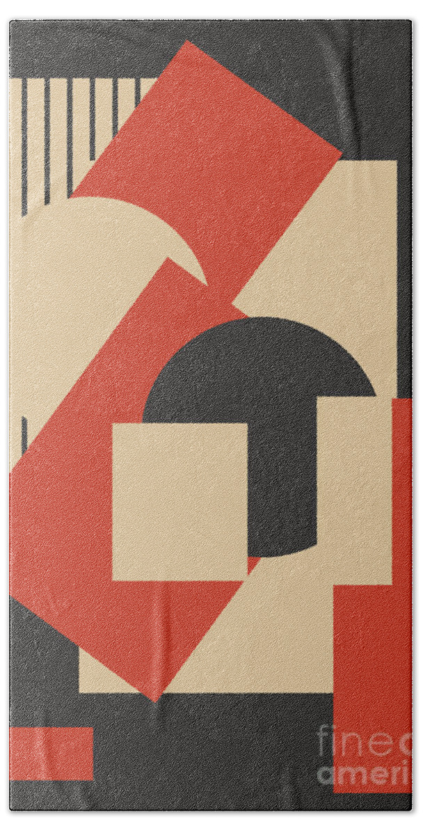 Art Deco Hand Towel featuring the drawing Geometrical abstract art deco mash-up scarlet beige by Heidi De Leeuw