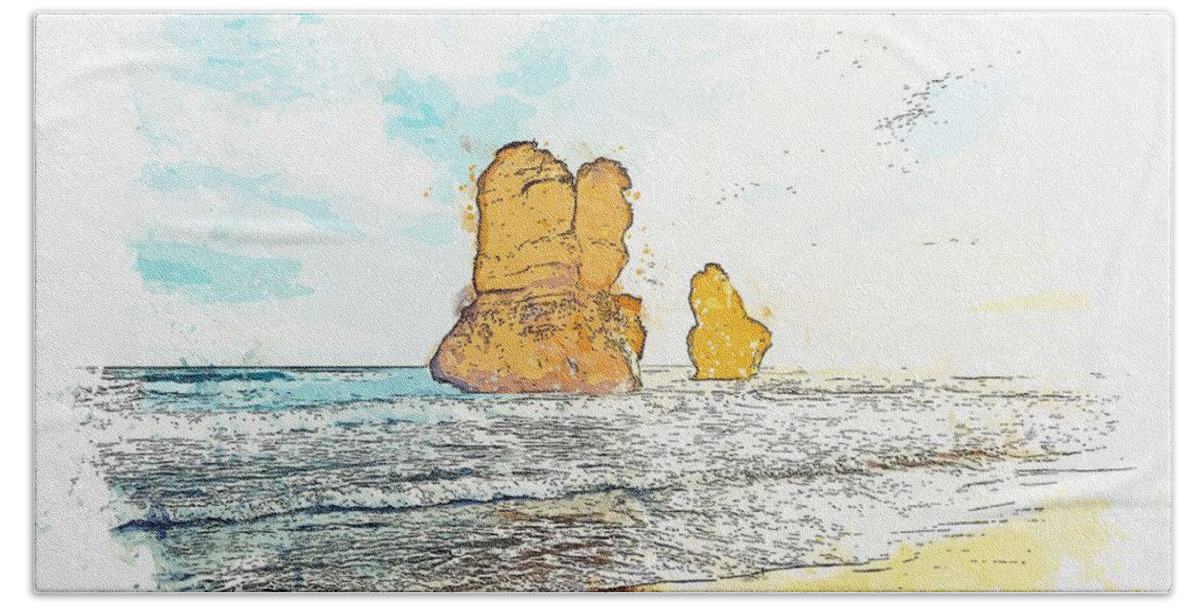 Nature Bath Towel featuring the painting Gibson Steps, Port Campbell, Australia - watercolor by Adam Asar by Celestial Images