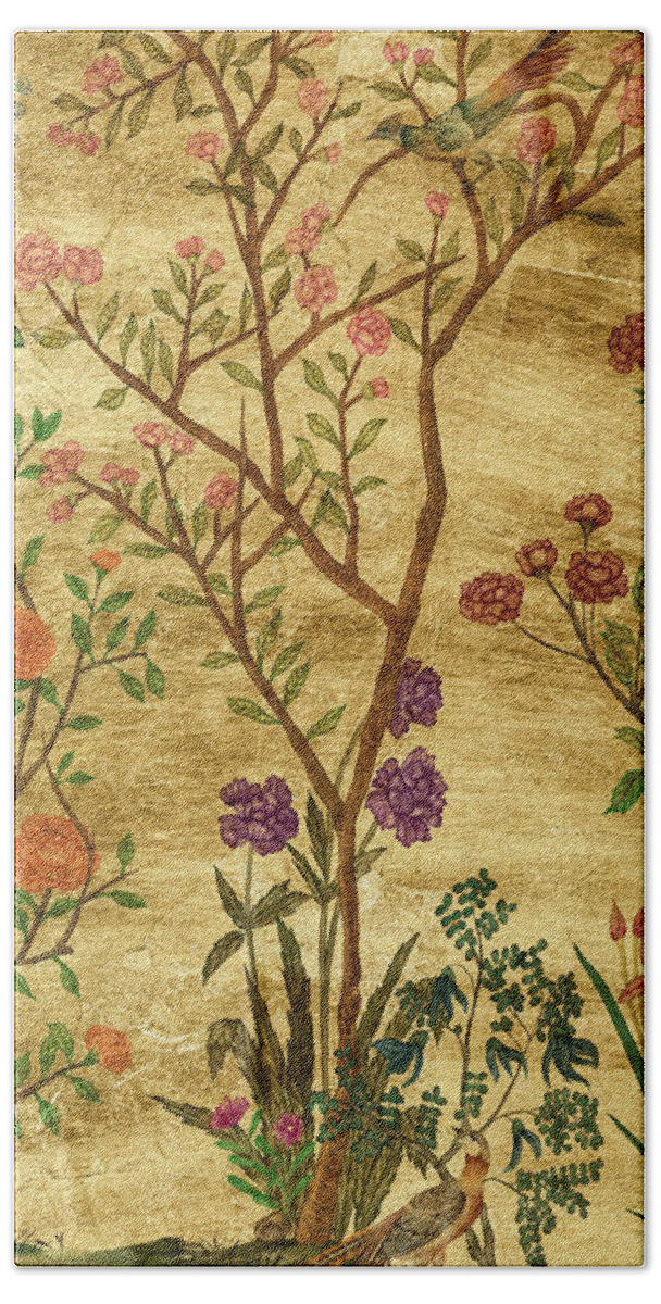 Asian & World Culture+botanical Hand Towel featuring the painting Gilded Traditional Chinoiserie II by Melissa Wang