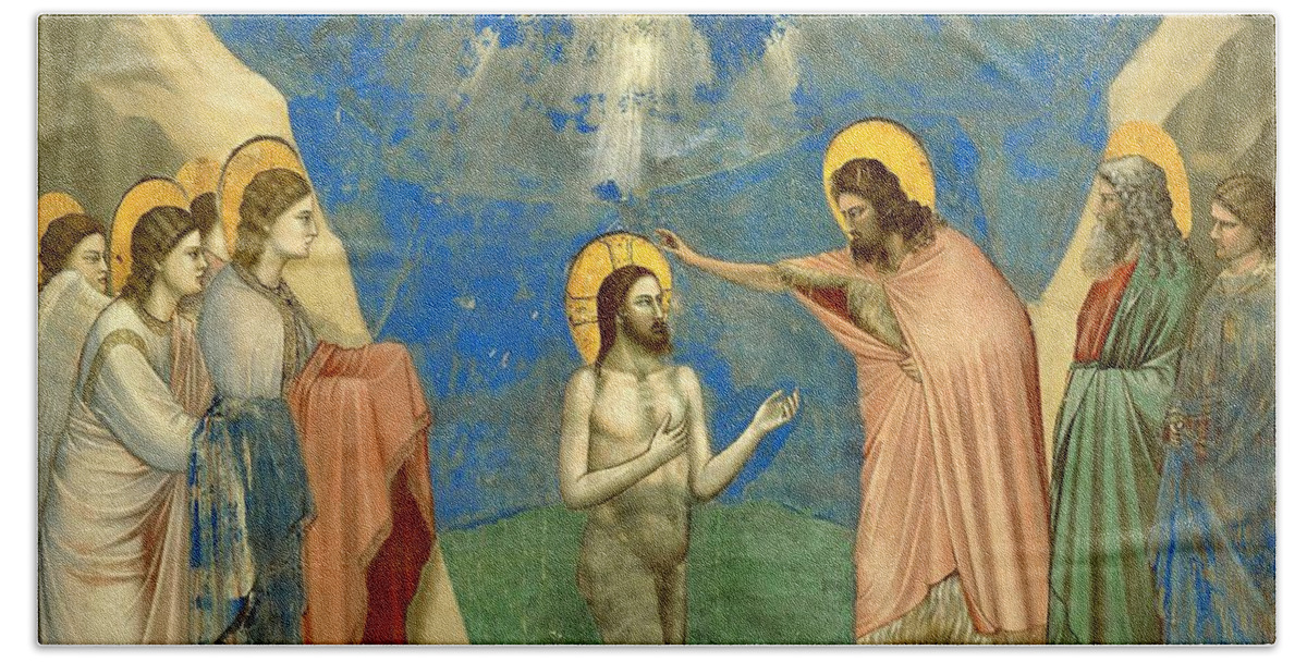 Giotto Bath Towel featuring the painting Giotto / 'The Baptism of Christ', 1303-1310, Fresco. Saint John the Baptist. by Giotto di Bondone -1266-1337-