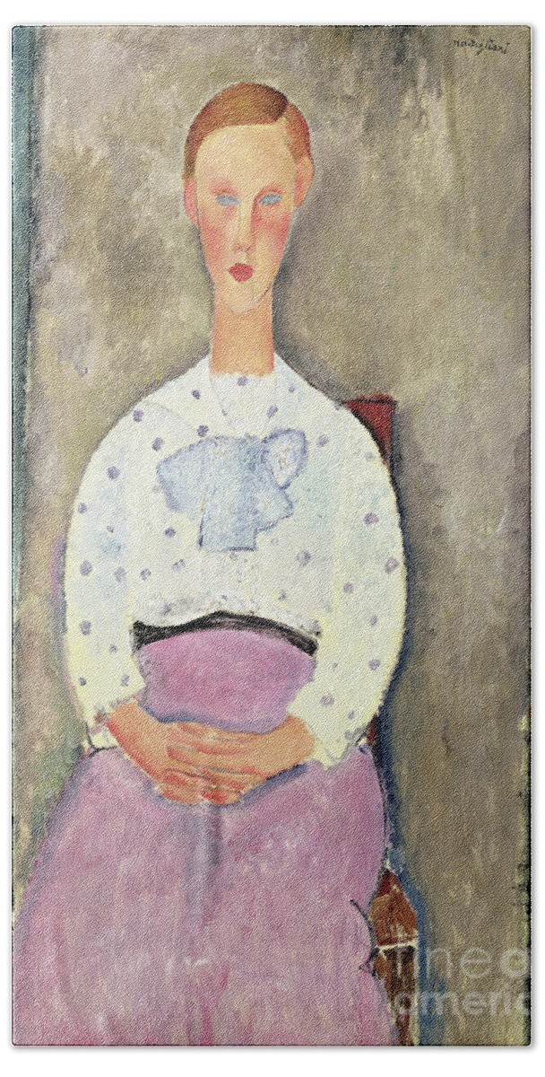 Female Bath Towel featuring the painting Girl with a Polka Dot Blouse, 1919 by Amedeo Modigliani