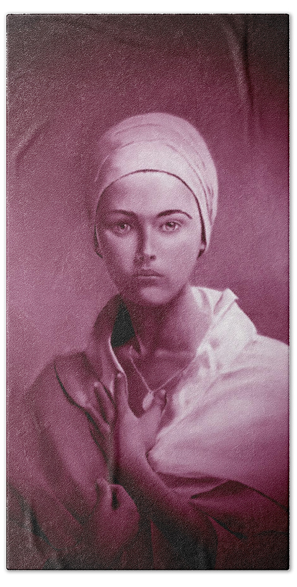 Red Bath Towel featuring the painting Girl With A Turban In Red by Barry BLAKE