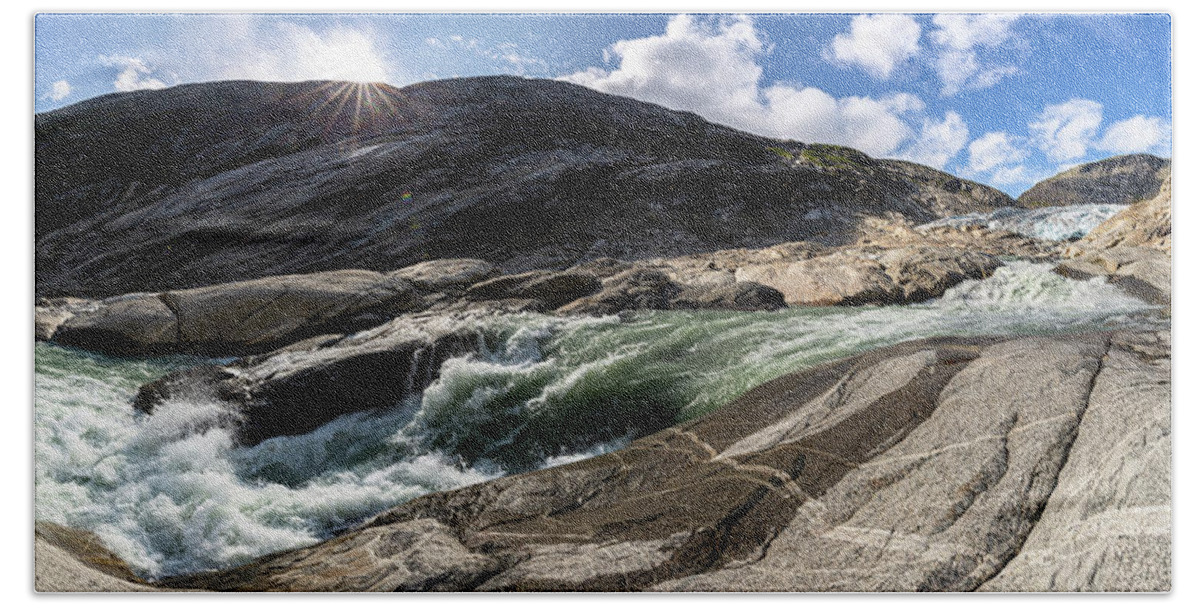 Nigardsbreen Bath Towel featuring the photograph glacial stream Nigardsbreen Glacier, Norway by Andreas Levi