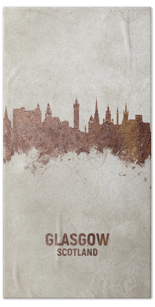 Glasgow Hand Towel featuring the digital art Glasgow Scotland Rust Skyline by Michael Tompsett
