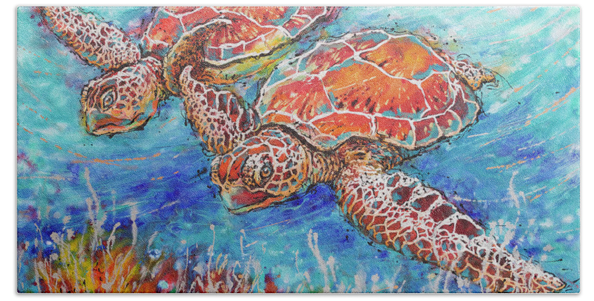 Marine Turtles Bath Towel featuring the painting Gliding Sea Turtles by Jyotika Shroff
