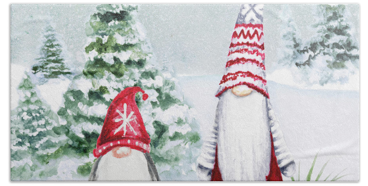 Gnome Bath Towel featuring the mixed media Gnomes On Winter Holiday II by Janice Gaynor