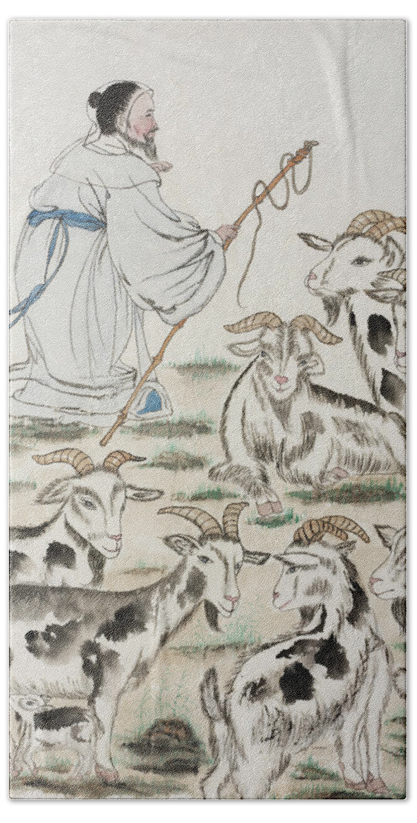 Chinese Watercolor Bath Towel featuring the painting Goat Shepherd by Jenny Sanders