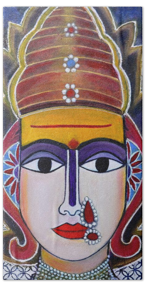 Shantadurga Hand Towel featuring the painting Goddess Shantadurga Textured painting on canvas by Manjiri Kanvinde