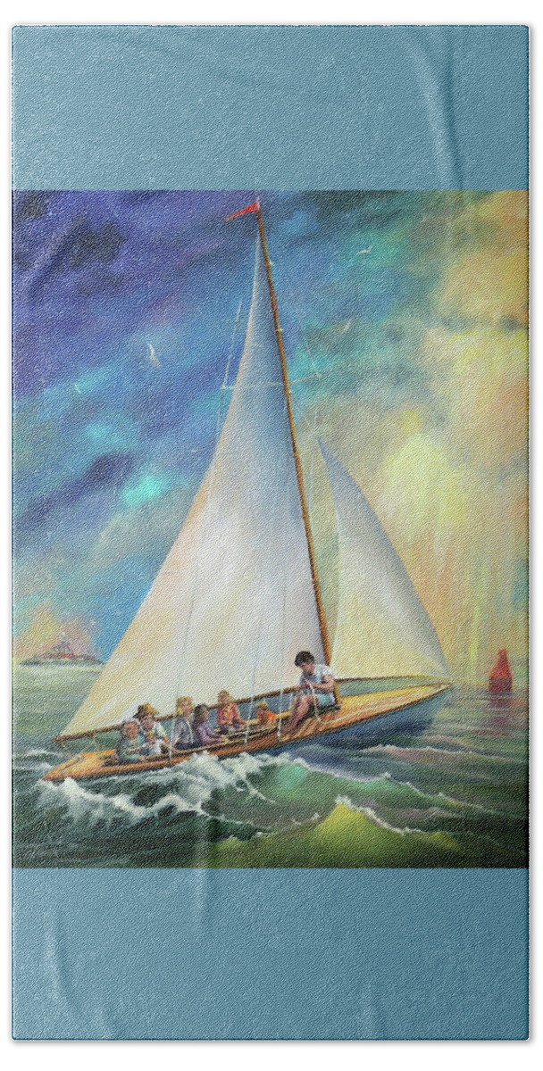 Sail Bath Towel featuring the painting Going Home by Nancy Griswold