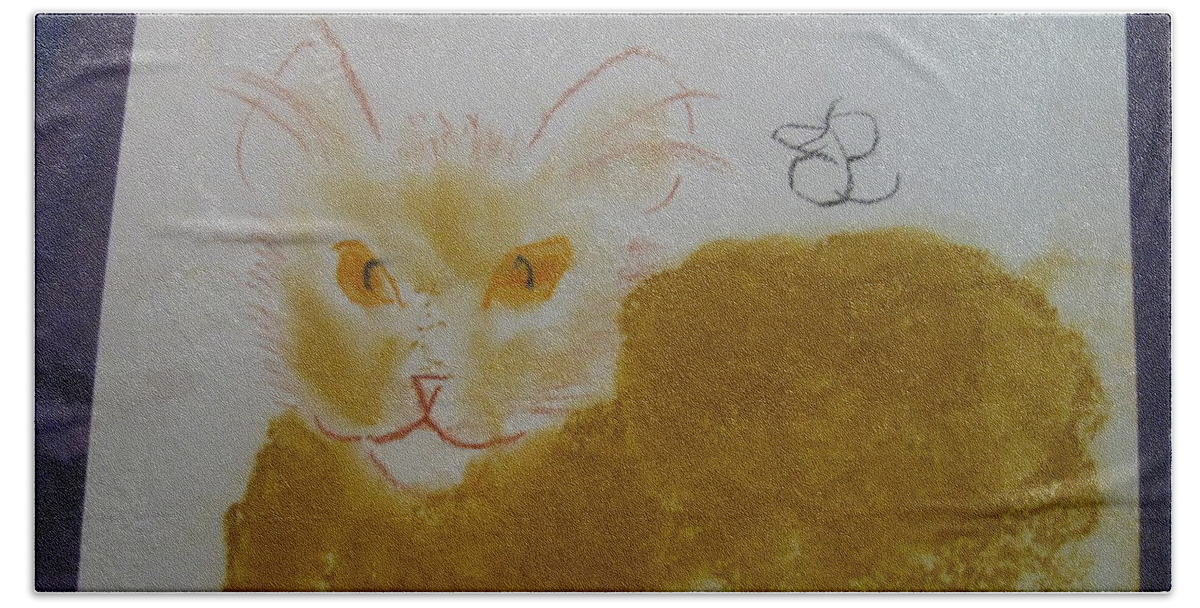 Cat Hand Towel featuring the drawing Golden Cat by AJ Brown