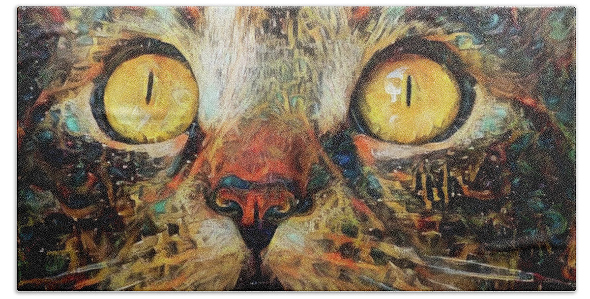 Tabby Cat Hand Towel featuring the digital art Golden Eyes Dreaming by Peggy Collins