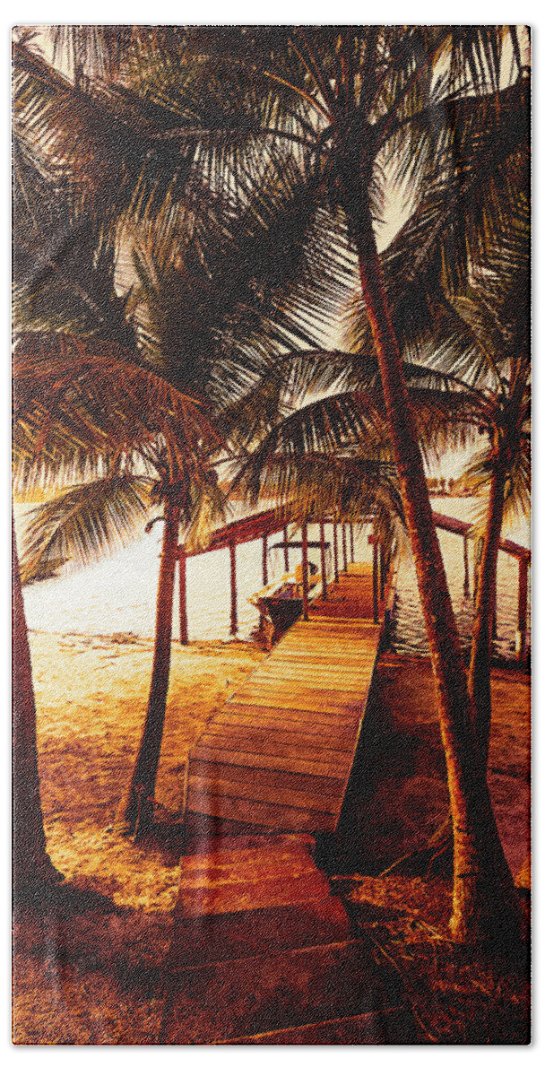 African Bath Towel featuring the photograph Golden Island Dock Under the Palms by Debra and Dave Vanderlaan
