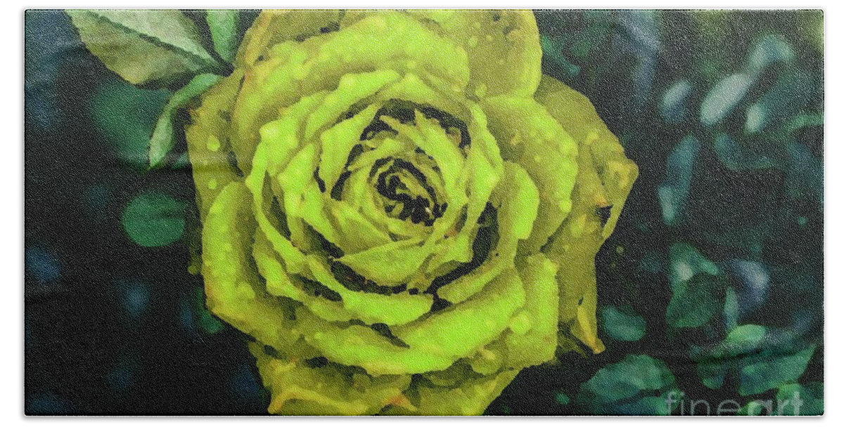 Yellow Rose Hand Towel featuring the digital art Golden Night Rose by Bill King