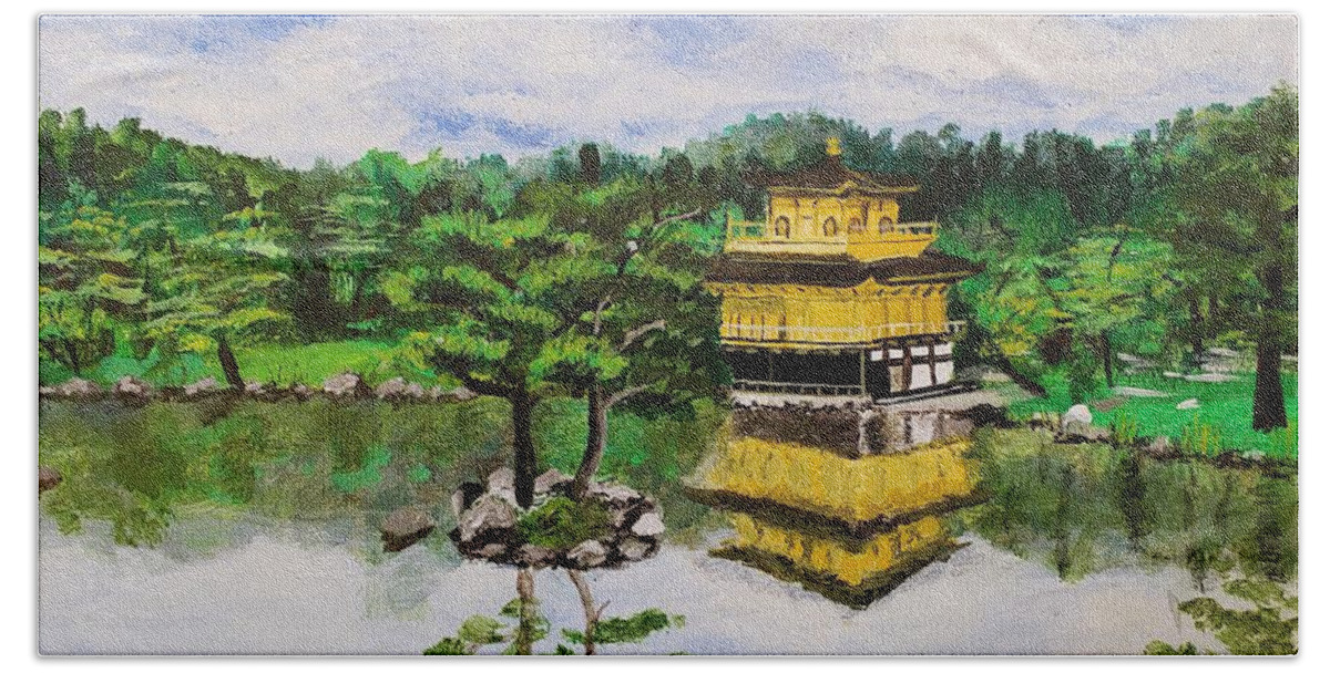 Japan Bath Towel featuring the painting Golden Pavilion, Kyoto, Japan by C E Dill