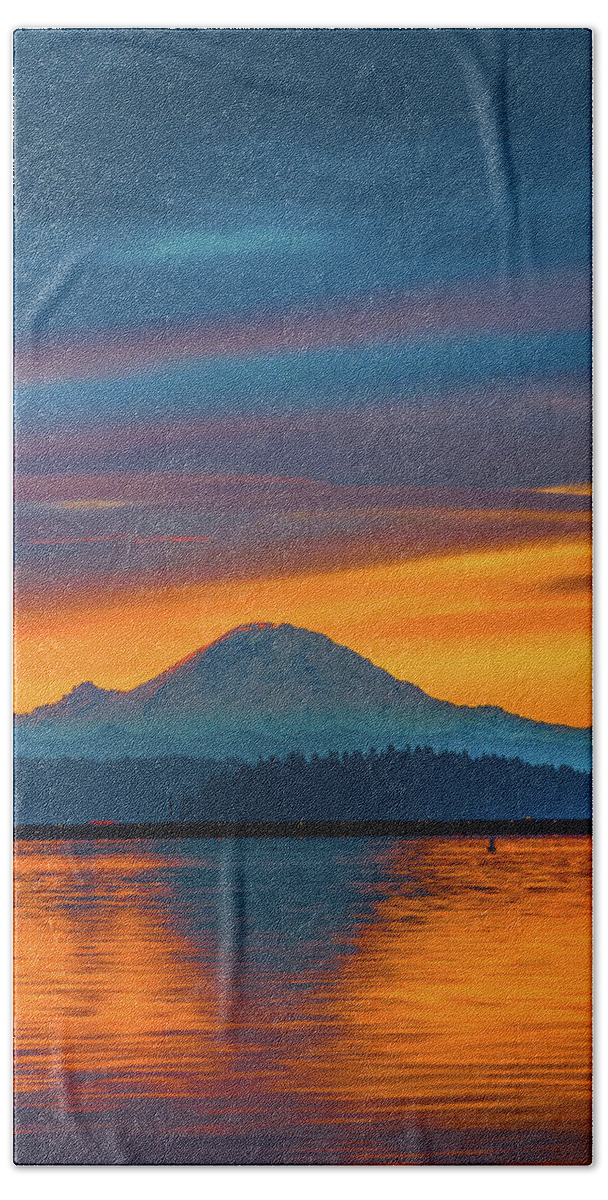 Winter Sunrise; Leschi Marina; Seattle; Mount Rainier; Lake Washington Hand Towel featuring the photograph Golden Sunrise Glow by Emerita Wheeling