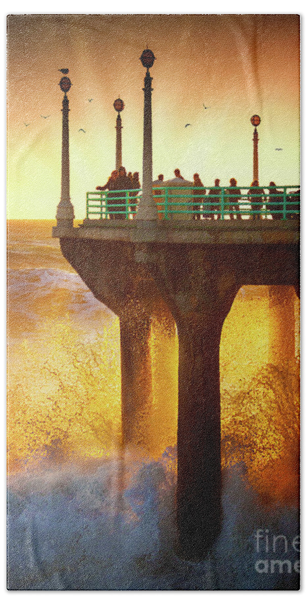 Manhattan Beach California Photography Hand Towel featuring the photograph Golden Waves by Jerry Cowart