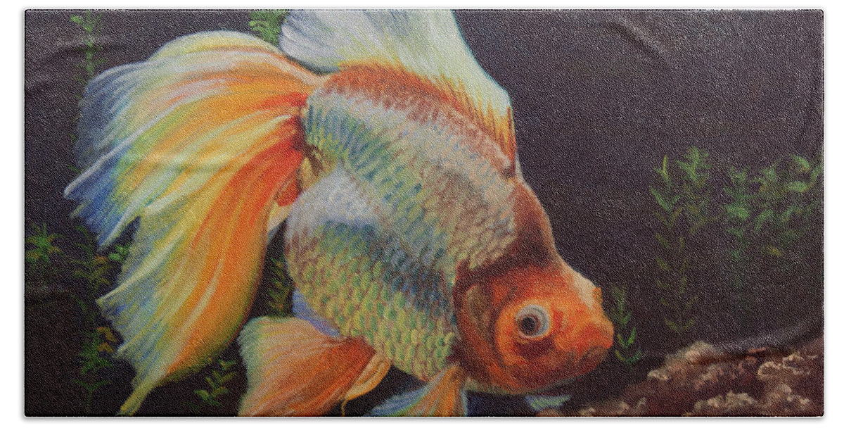 Goldfish Hand Towel featuring the painting Goldilocks by Megan Collins