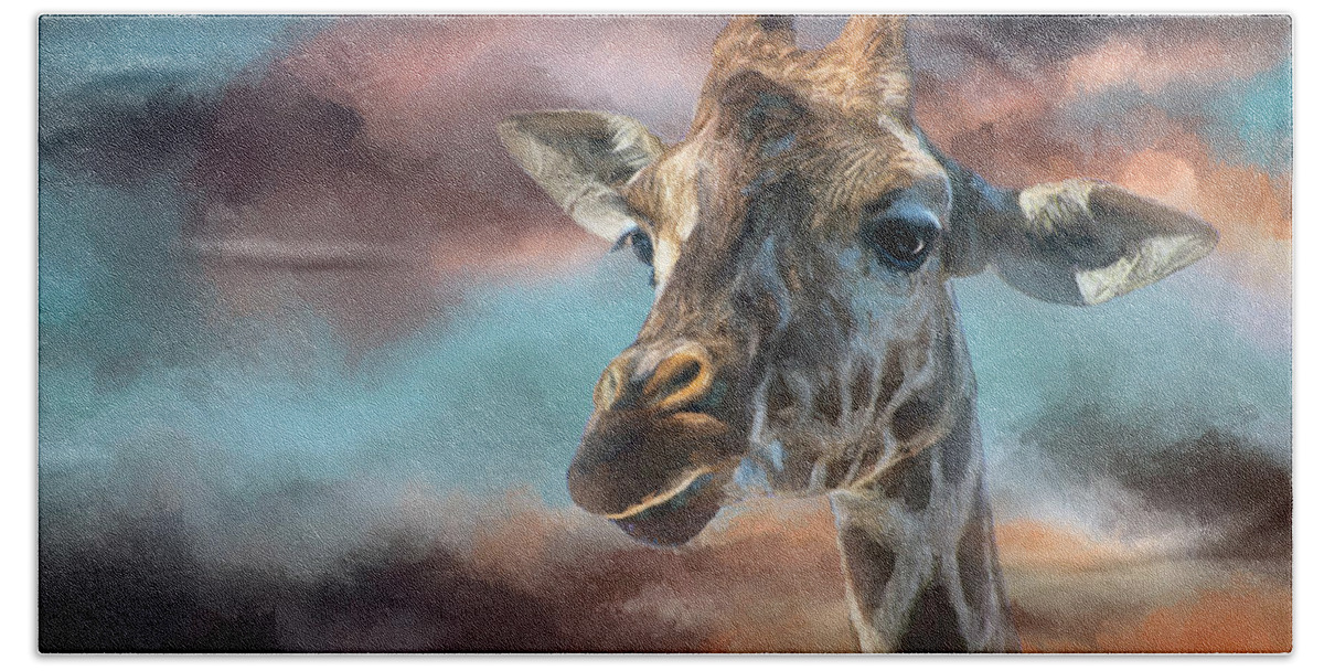 Giraffe Bath Towel featuring the painting Good Night Giraffe by Jeanette Mahoney