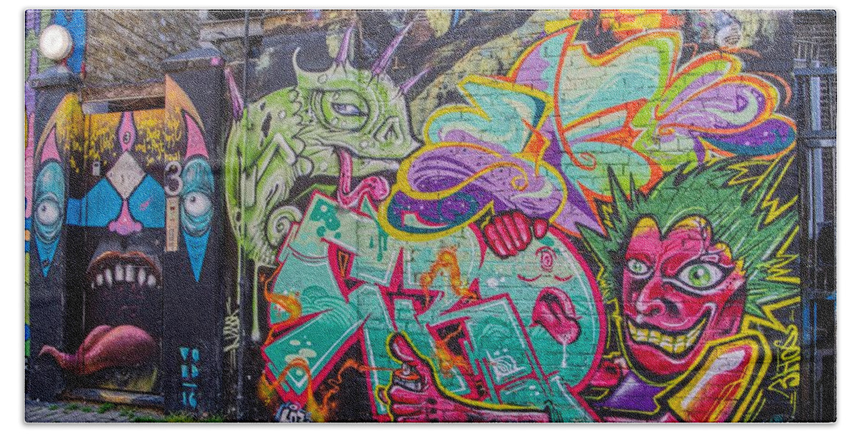 Graffiti Bath Towel featuring the photograph Graffiti Art Painting Monster Mash by Raymond Hill