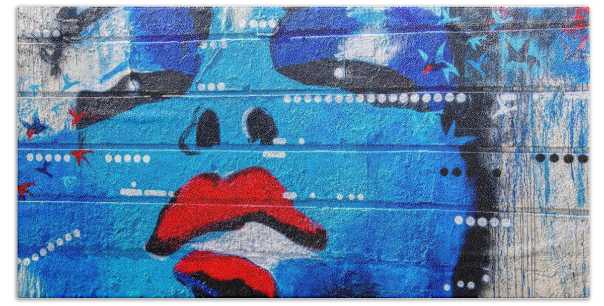 Graffiti Hand Towel featuring the photograph Graffiti Art Painting of Blue Woman by Raymond Hill