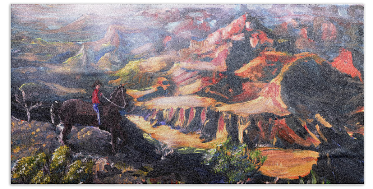 Grand Canyon Hand Towel featuring the painting Grand Canyon Cowboy by Chance Kafka