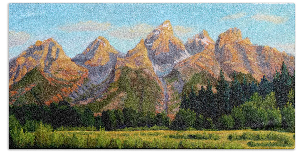 Grand Tetons Hand Towel featuring the painting Grand Tetons by Kevin Hughes