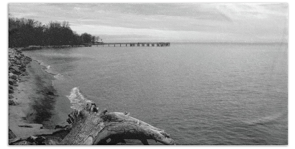 Landscape Driftwood Chesapeake Bay Water B&w Bath Towel featuring the photograph Gray Day on The Bay by Charles Kraus