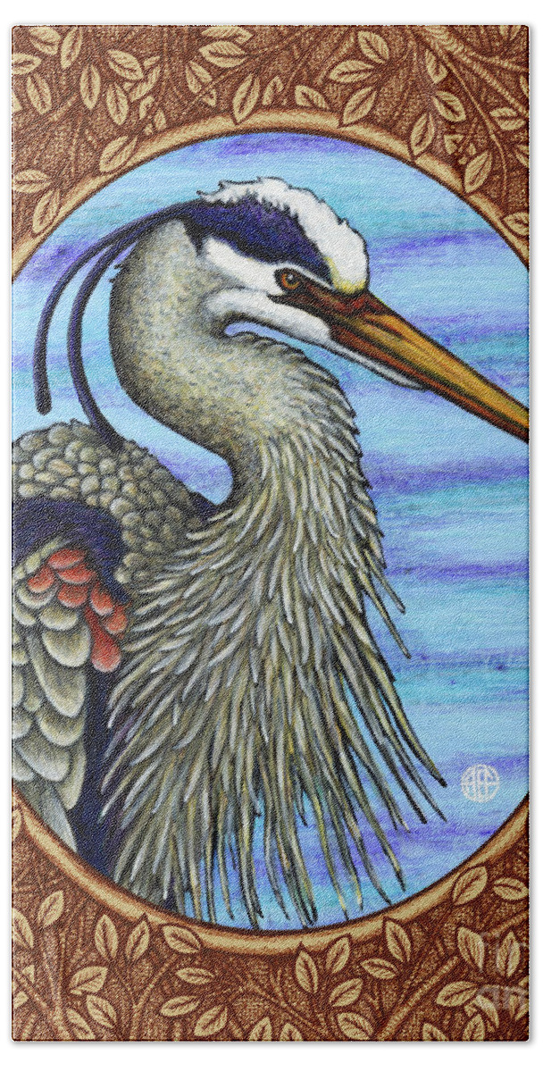 Animal Portrait Hand Towel featuring the painting Great Blue Heron Portrait - Brown Border by Amy E Fraser