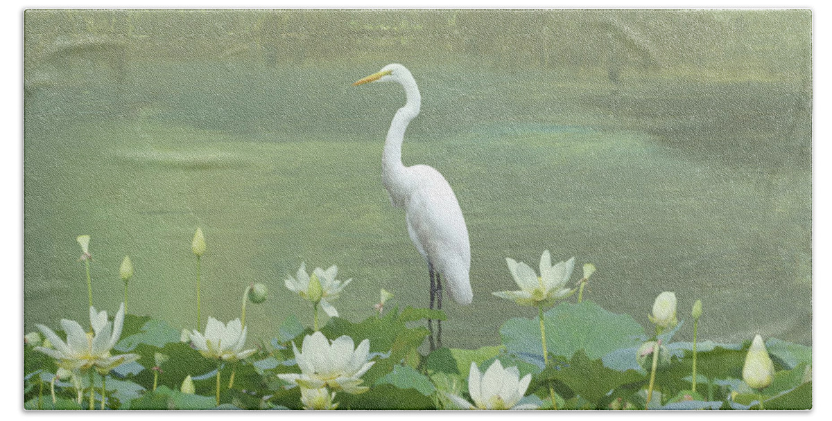 Flowers Bath Towel featuring the digital art Great Egret and Lotus Flowers by M Spadecaller