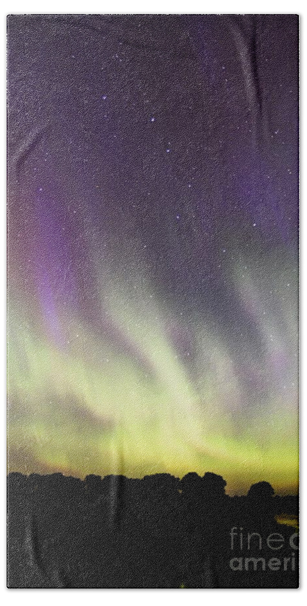 Photography Hand Towel featuring the photograph Green and Purple Fire in the Sky by Larry Ricker
