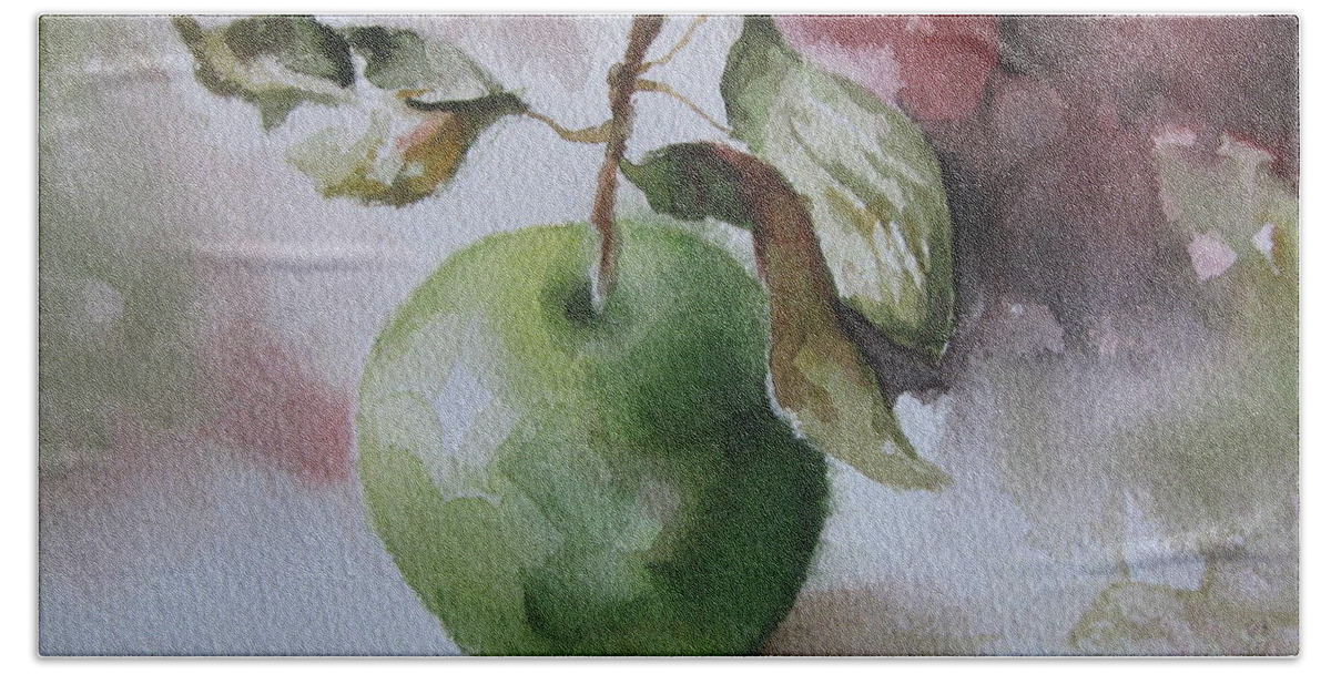 Apple Bath Towel featuring the painting Green apple by Elena Oleniuc