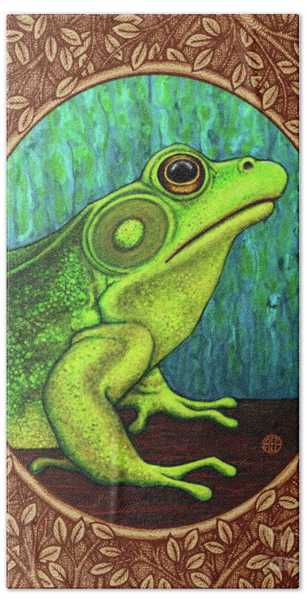 Animal Portrait Bath Towel featuring the painting Green Frog Portrait - Brown Border by Amy E Fraser