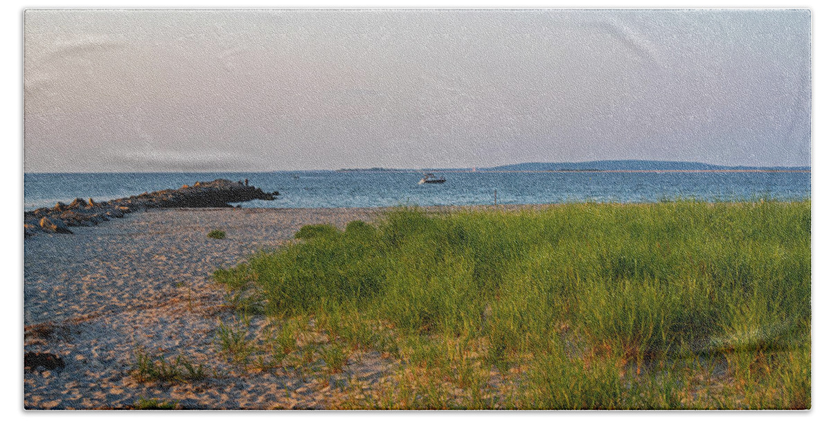 Marshfield Bath Towel featuring the photograph Green Harbor Beach Sea Grass and Jetty Marshfield MA by Toby McGuire