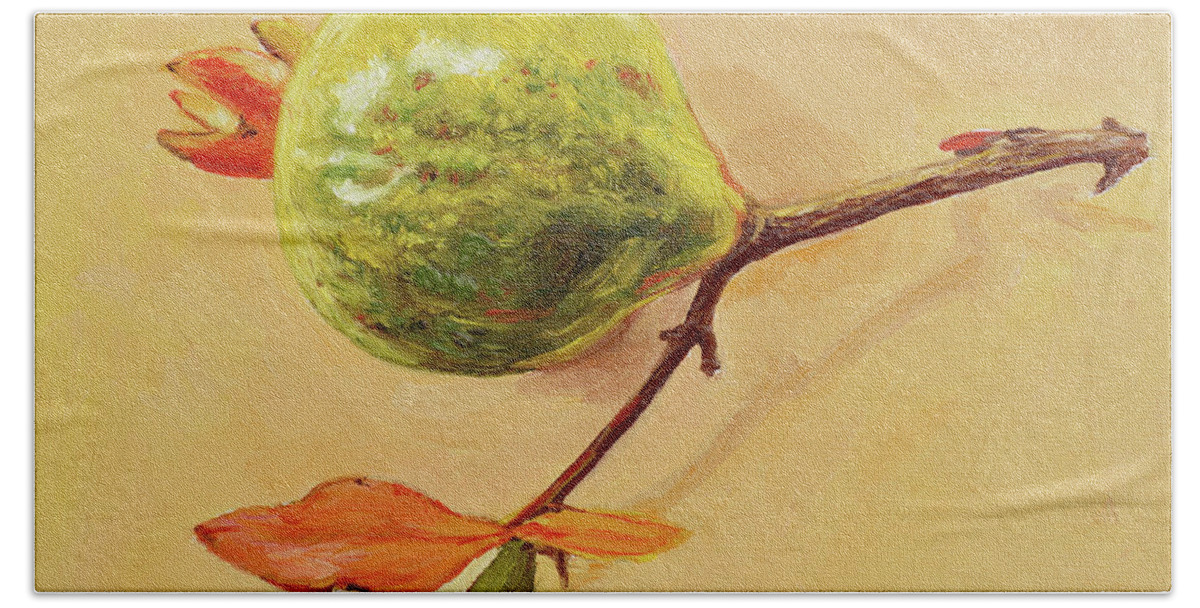 Fruit Bath Towel featuring the painting Green Pomegranate by Dai Wynn