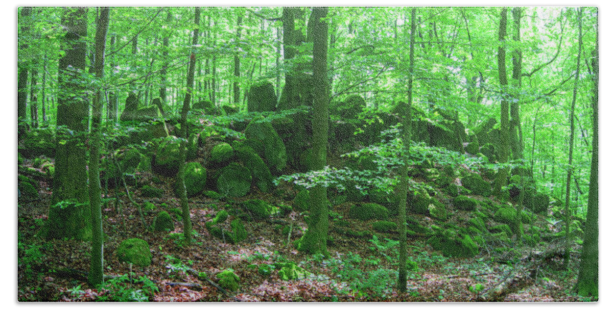 Forest Bath Towel featuring the photograph Green stony forest in Vogelsberg by Sun Travels