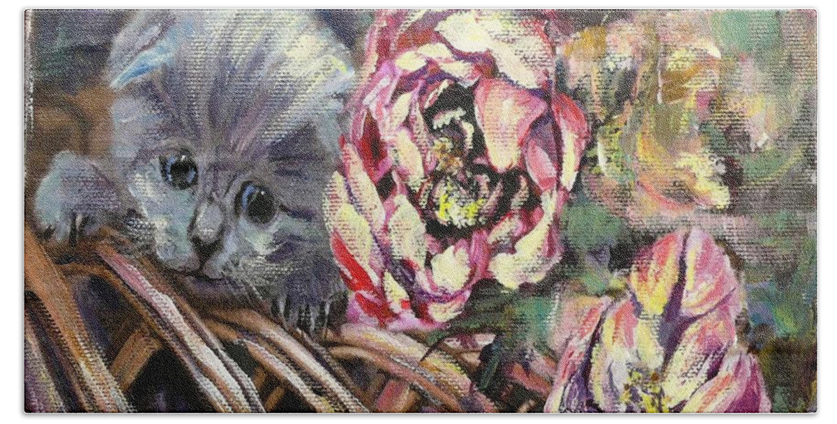 Grey Kitten Hand Towel featuring the painting Grey Kitten in Basket of Double Peony Floworing Tulips by Ryn Shell
