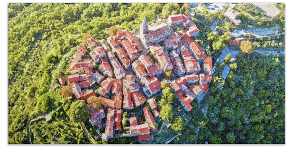 Groznjan Bath Towel featuring the photograph Groznjan. Ancient hill village of Groznjan aerial panoramic view by Brch Photography