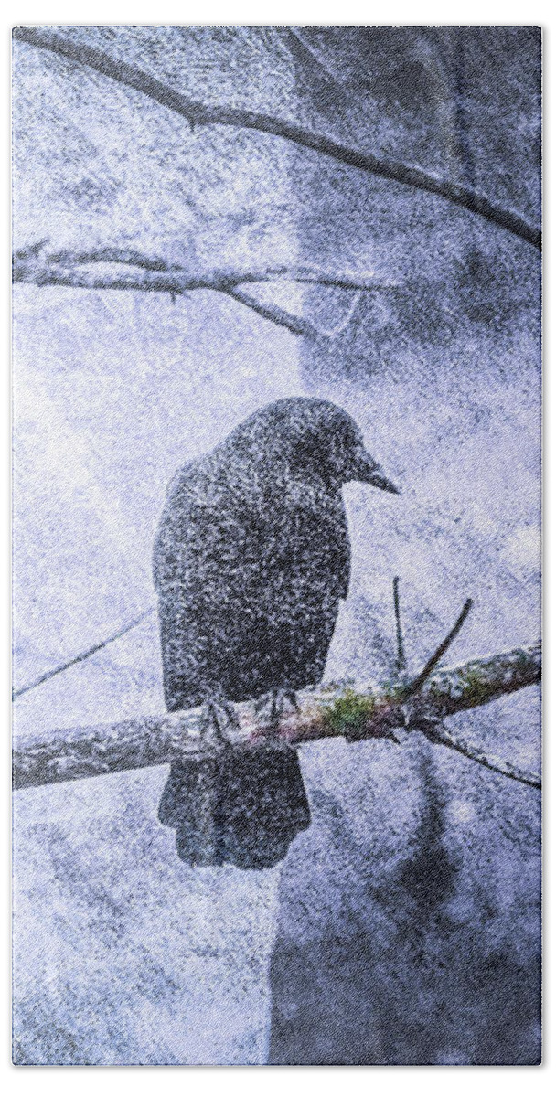 Crow Bath Towel featuring the photograph Guardian of the Forest by Bob Orsillo