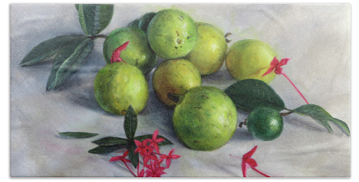Still Life Bath Towel featuring the painting Guavas and Ixora by Jonathan Gladding