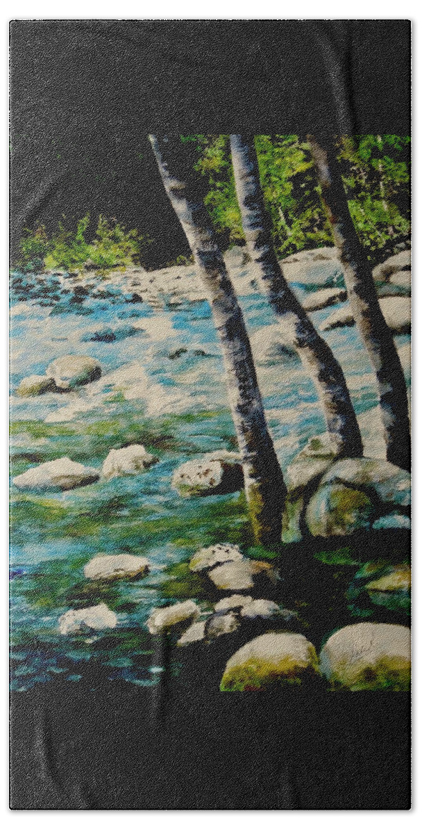 Rocky Waterfall Hand Towel featuring the painting Gushing Waters by Sher Nasser