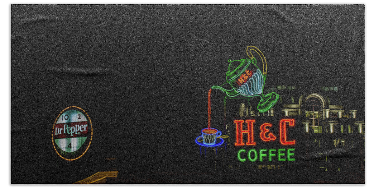 Neon Sign Bath Towel featuring the photograph H C Coffee sign and Dr Pepper Roanoke virginia by Julieta Belmont