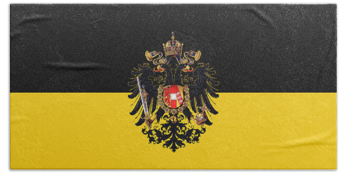 Oesterreich Bath Towel featuring the digital art Habsburg flag with small Imperial Coat of Arms by Helga Novelli