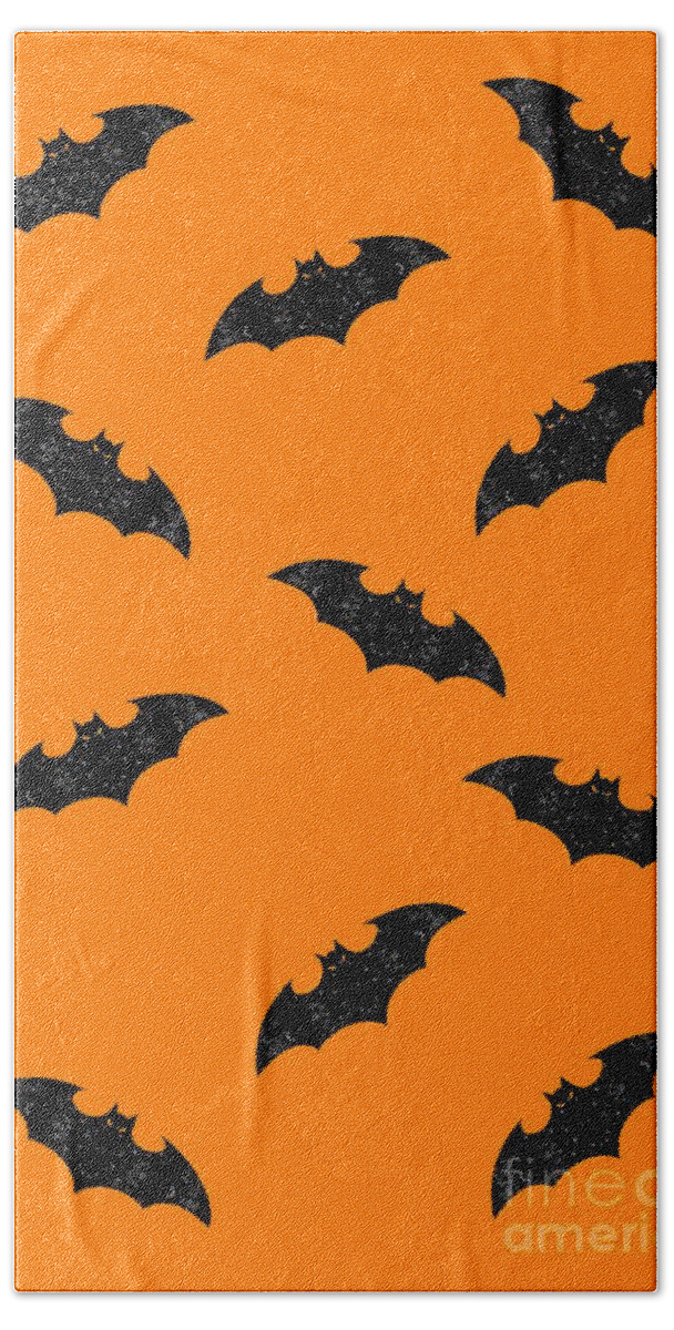 Halloween Bath Towel featuring the mixed media Halloween Bats In Flight by Rachel Hannah