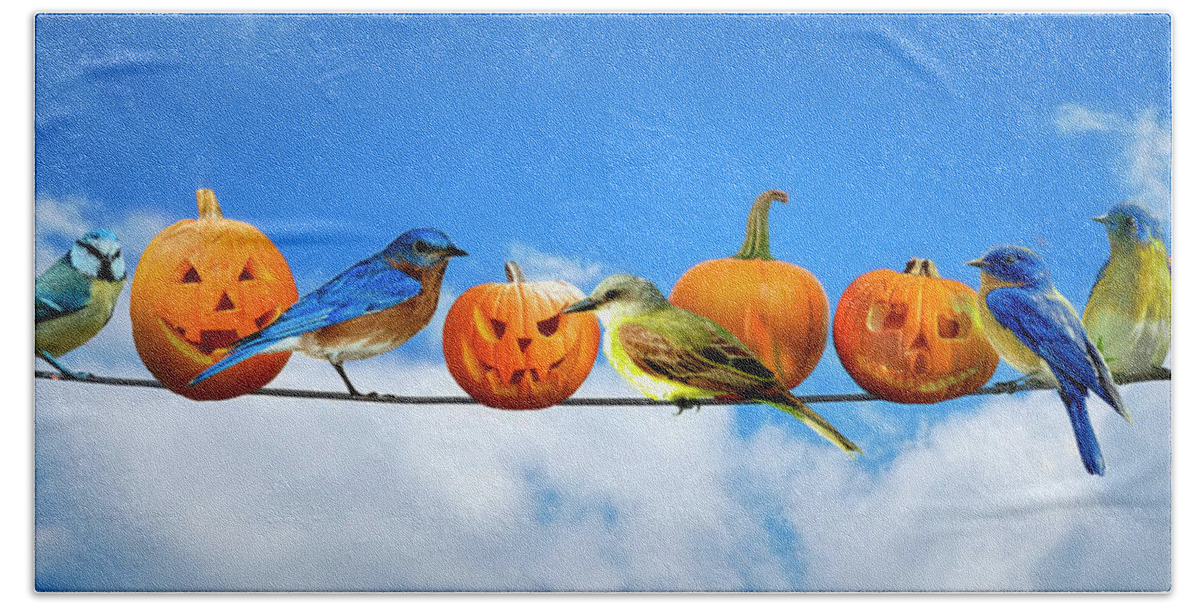 Birds Bath Towel featuring the digital art Halloween for the Birds by Debra and Dave Vanderlaan