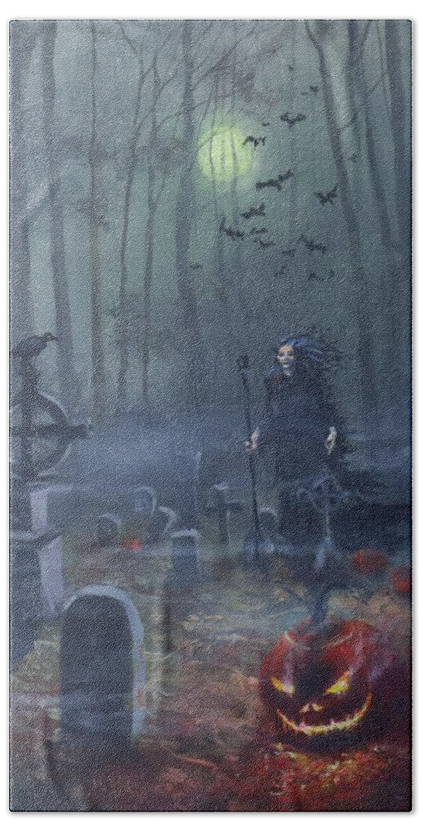Halloween Bath Towel featuring the painting Halloween Night by Tom Shropshire