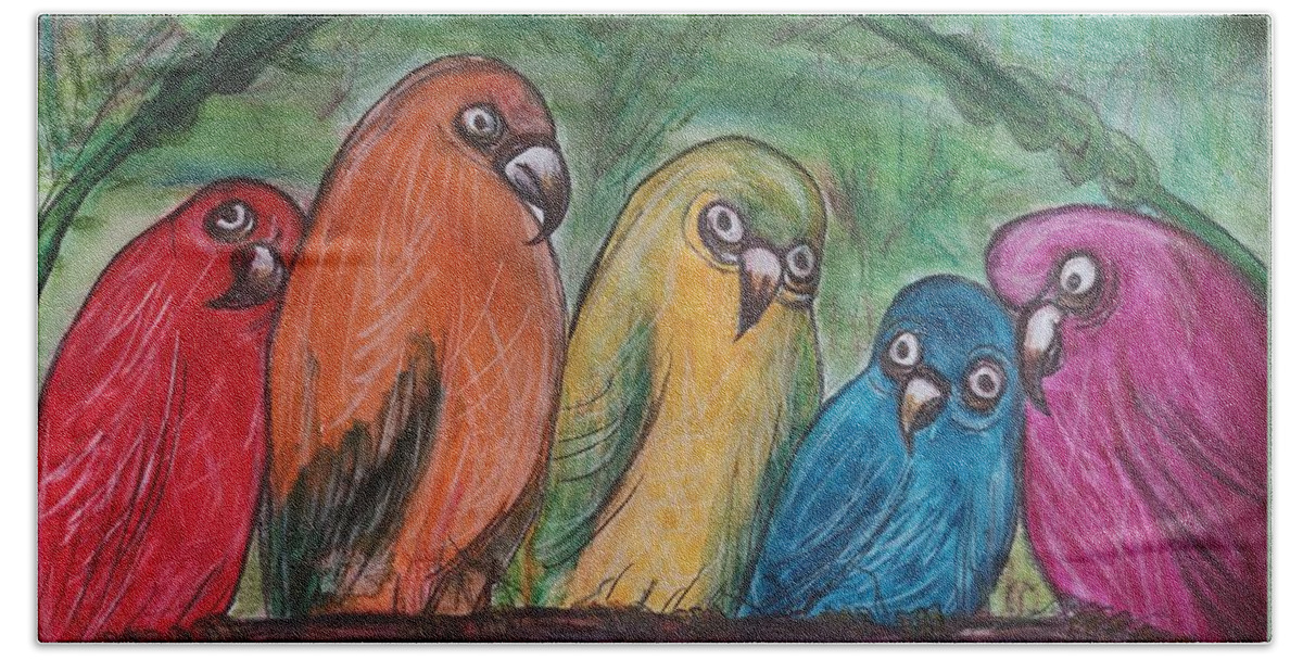 Colorful Birds Hand Towel featuring the painting Hangin with my peeps by Lisa Koyle